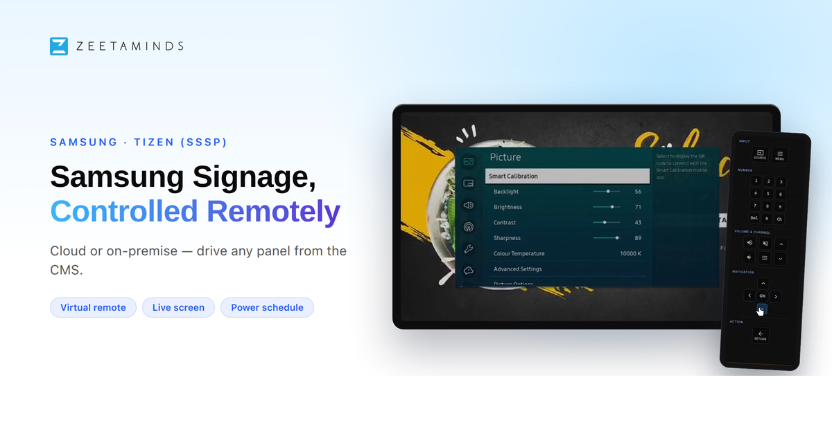 Samsung signage display being operated from the Zeetaminds CMS virtual remote